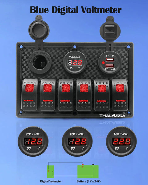 Beefed Up 6 Gang Boat Rocker Switch Panel Waterproof Marine DC 12V LED Illuminated Switches With Digital Voltage Display
