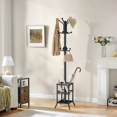Freestanding Coat Rack With Umbrella Holder And 12 Metal Hooks Three Tier Tree Coat Stand in room with decor items