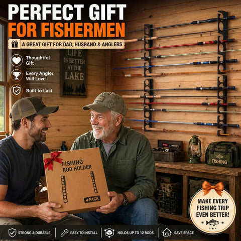 Heavy Duty 12 Rod Fishing Rod Rack For Wall Or Ceiling Mount Keeps Your Rods Neatly In Place Up To 12 With Deep Groove Design Steel Construction Black Powder Coated Wall Or Ceiling Mounted Storage For Garage Cabin And Basement next to fishermen with gift box