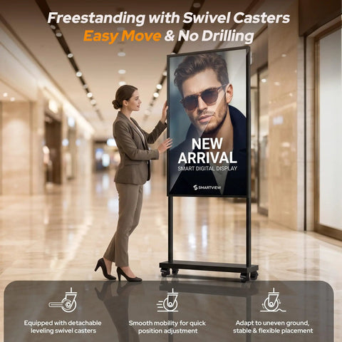 Straight Fire 65 Inch Storefront Digital Signage Display in a freestanding setup with woman adjusting the screen.