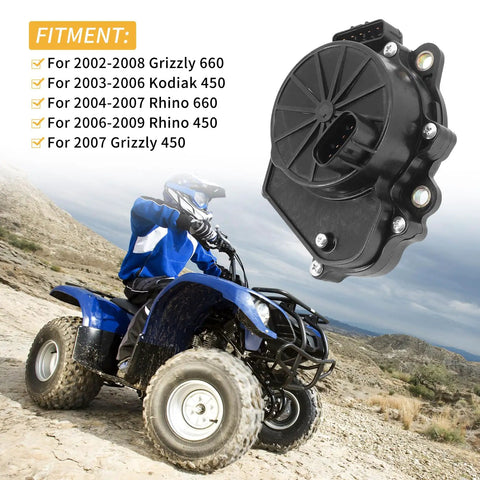 ATV riding on rocky terrain with Front Differential Lock Servo Motor Replacement For Grizzly 660, Kodiak 450, Rhino 660 And Rhino 450 ATVs - 5KM-4616A-02-00 displayed