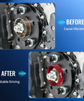 Before and after comparison showing Badass Red Hub Centric Rings Pack Of 4 Drop Over Your Axle For A Snug Fit 66.6 To 57.1 Mm Centerbore Adapters.
