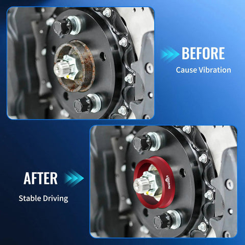 Before and after comparison showing Badass Red Hub Centric Rings Pack Of 4 Drop Over Your Axle For A Snug Fit 66.6 To 57.1 Mm Centerbore Adapters.