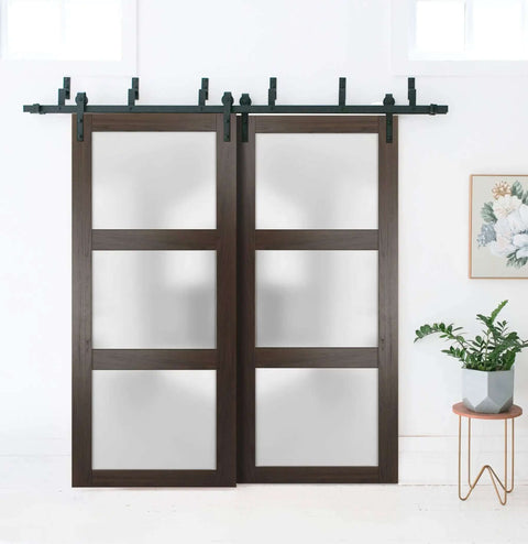Lucia 2552 Interior Barn Bypass Sliding Doors with frosted glass and solid wood, black finish, modern style, installed view