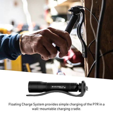 P7R Signature Aluminum Beast Flashlight With 1000 Lumens Beam 210 Meter Range IPX4 Water Resistant mounted in charging cradle