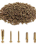Heavy Duty Wall Anchors Kit With Screws, 200 Pack, 6 X 32 Mm, For Hinge Hole Repair In Concrete, Hollow, And Wood Walls, A Must Have For DIY Repairs And Quick Home Fixes. Gold steel wall anchors and screws shown with close-up and expansion views.