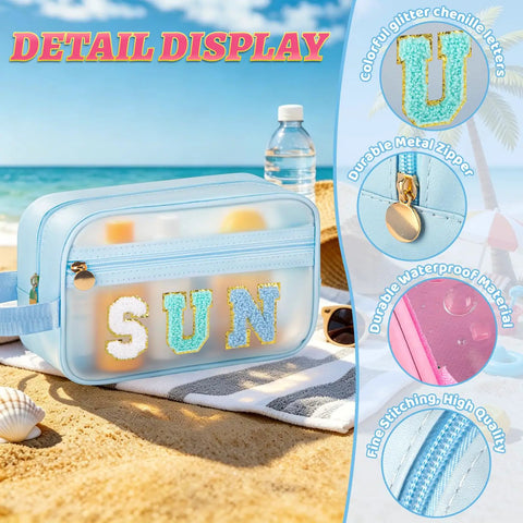 Clear SPF Sunscreen Bag With Handle For Beach And Pool, Waterproof See-Through Travel Toiletry And Makeup Bag on sandy beach