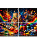 Colorful paint palette, brushes, and bottles on a vibrant background, showcasing an artistic setup for creative projects.