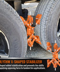 X Shaped Wheel Chocks For Travel Trailers With Drill Adjust, installed between dual tires, showing heavy duty RV stabilizers for campers