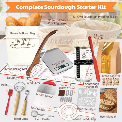 Complete Sourdough Baking Kit With Scale And Banneton Proving Baskets Sourdough Starter Jar Bread Slicer Linen Covers All In One Gift Set