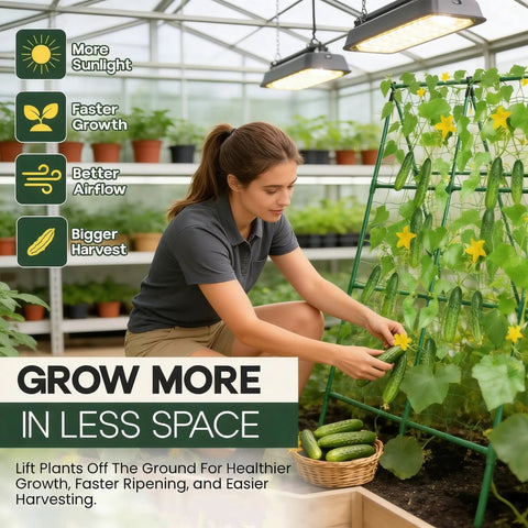 A Frame Garden Trellis For Raised Beds Ideal For Cucumbers Peas Zucchini Squash Tomatoes And More Built To Last With Rust Resistant Steel Easy Assembly In Minutes For Outdoor Climbing Plants displayed in use with cucumbers inside a greenhouse.