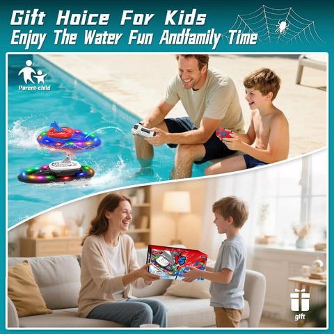 Father and son racing Spider Hero RC Battle Boat 2 Pack Set with Water Spray Dual Combat Modes and LED Lights by poolside