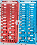 Nut And Bolt Thread Checker Kit With Magnetic Base Pro Grade, 28 Standard And 28 Metric Gauges mounted on wall display.