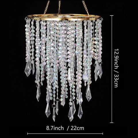 Beaded Acrylic Chandelier Pendant Light With Gold Frame 3 Tier Hanging Lampshade For Bedroom And Wedding Decor No Wiring Required Fits Standard Socket 12.9 Inches High By 8.7 Inches Wide against black background