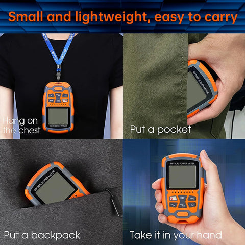 Orange handheld optical power meter for fiber optics; collage showing neck-hung, pocketed, backpacked, and hand-held views
