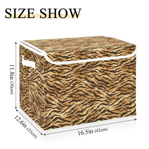 Collapsible Storage Bin With Flip Top Lid And Carry Handles For Bedroom Organization Straight Up Solid 300D Oxford Fabric Crate Folds Flat Quick Zero Drama, 16.5x12.6x11.8, tiger print design.