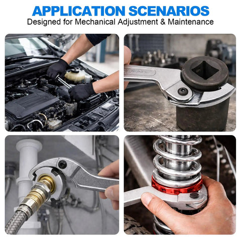 Heavy Duty Adjustable C Spanner Wrench Set in use for automotive and plumbing maintenance applications.