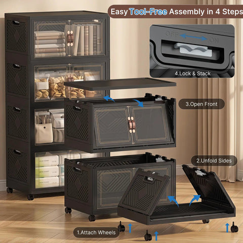 Huge 1280QT Stackable Storage Bins With Secure Snap Tops Featuring Slick Collapsible Cabinet Frame Rock Solid Plastic Drawers With Clear Front Panels For Easy Reach Home Organization And Everyday Decluttering Wins