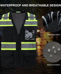 Heavy Duty Class Two Hi Vis Safety Vest Zip Front Five Pocket Tool Storage Unisex Workwear ANSI ISEA Compliant Job Site Ready Reflective Gear Built Tough Black Three X Large Crew Approved with waterproof design.