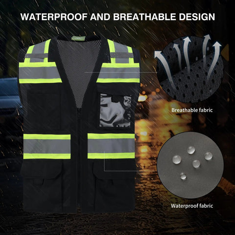Heavy Duty Class Two Hi Vis Safety Vest Zip Front Five Pocket Tool Storage Unisex Workwear ANSI ISEA Compliant Job Site Ready Reflective Gear Built Tough Black Three X Large Crew Approved with waterproof design.
