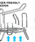 Close-up of freestanding chrome toilet paper roll holder stand showing user-friendly design, fits up to 5.5-inch rolls, stores four rolls.