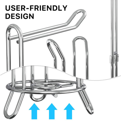 Close-up of freestanding chrome toilet paper roll holder stand showing user-friendly design, fits up to 5.5-inch rolls, stores four rolls.