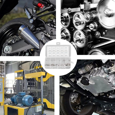 120 Piece E Clip Circlip Retaining Ring Set In 304 Stainless Steel for shafts bearings gears pulleys with car parts and machinery