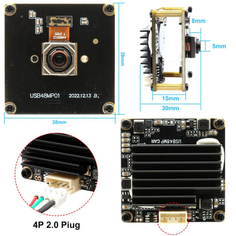 Diagram of Ultra HD 48MP USB Camera with 4P 2.0 plug, dimensions 38x30mm, for laser engravers and machine vision 4K video, industrial use