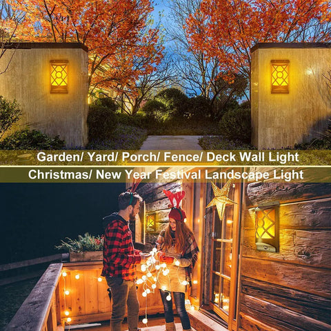 Realistic Solar Flame Lights Outdoor With 3D Flickering Flames illuminating garden and deck, showcasing festive decorations at night.
