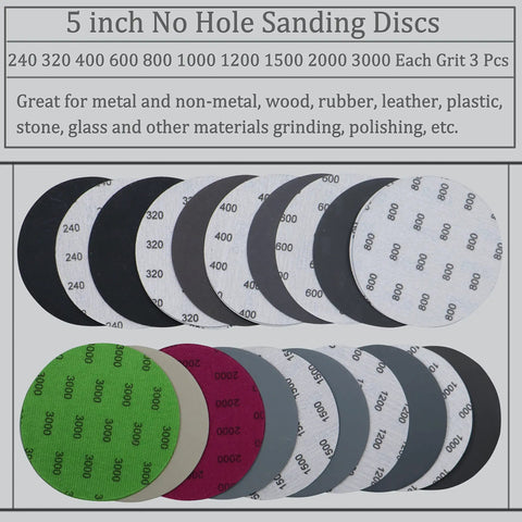 5 Inch No Hole Sanding Discs Set, 30 Pieces, 10 Grits From 240 To 3000, 3 Discs Each, Wet Dry Sandpaper For Random Orbital Sanders