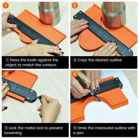Contour Gauge Duplicator With Lock Two Pack 5 Inch And 10 Inch Contour Profile Tool demonstrated in use with step-by-step guide