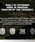 Heavy Duty Spray Concrete Remover That Melts Dried Cement To Easy Rinse Slurry While Knocking Out Stubborn Buildup Without The Harsh Fumes Or Exhausting Chore on a camouflage background with veteran symbol badges.