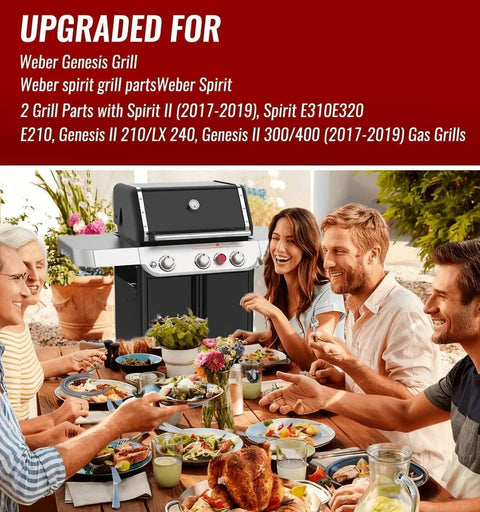 Family enjoying meal in backyard near Weber Genesis grill with 24 Inch Weber Grill Hose and Regulator Kit installed