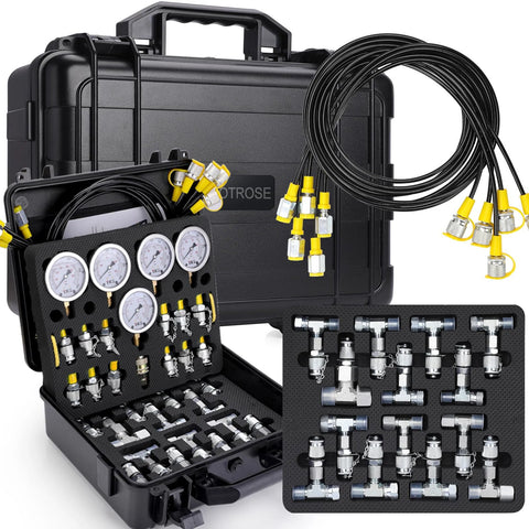 Front view: HOTROSE hydraulic test kit in a black hard case with 5 gauges, yellow connectors and coiled hoses.