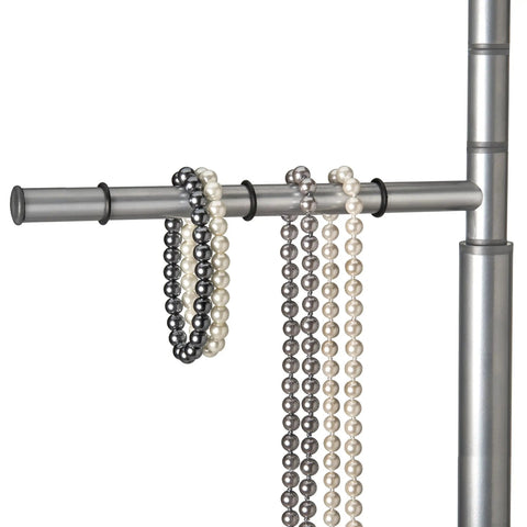 Floor Standing Accessory Organizer Rack for Scarves, Belts, and Jewelry with Pivoting 9 Inch Bars, Platinum Finish showing bar with necklaces.