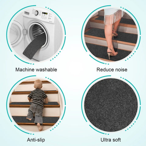 Non Slip Stair Treads For Wood Steps 8 By 30 Inches 15 Pack Self Adhesive Indoor Carpet Protectors in use and washing