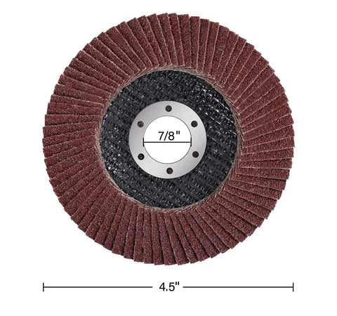 Pro Flap Disc Set Four And A Half Inch Twenty Pack For Angle Grinder, Assorted Grits 40 60 80 120 close-up of single disc