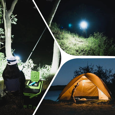 Adjustable Headlamp Bracket With Black Headlamp Strap And Hand Strap For Rechargeable LED Flashlights Outdoor Gear in use at night camping, fishing, and hiking.