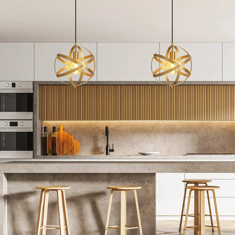 Plug In Pendant Light In Gold Industrial Style Metal Globe With 15 Ft Cord On Off Switch Vintage Vibe Ceiling Fixture For Kitchen Island Dining Hall Bedroom Entryway Adjustable Height illuminating a modern kitchen island.