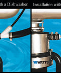 Universal Dishwasher Drain Line To Garbage Disposal Adapter Kit With Push In Fittings Barb Hose Coupler Marine Stainless Steel Clamps shown in dual installation setup on RO systems with dishwasher and without.