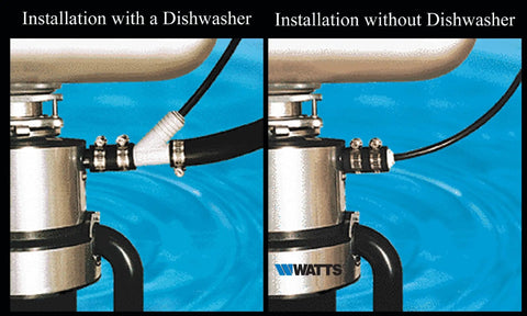 Universal Dishwasher Drain Line To Garbage Disposal Adapter Kit With Push In Fittings Barb Hose Coupler Marine Stainless Steel Clamps shown in dual installation setup on RO systems with dishwasher and without.