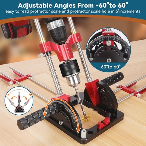 Portable Multi Angle Drill Guide For Precise Angled Holes, Adjustable 0 To 60 Degrees With Self Centering Pins on wooden surface