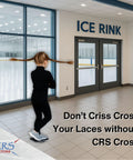 CRS Cross figure skating spinner training aid logo; indoor ice rink lobby with a girl by the glass wall