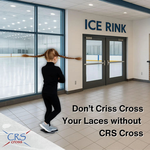 CRS Cross figure skating spinner training aid logo; indoor ice rink lobby with a girl by the glass wall