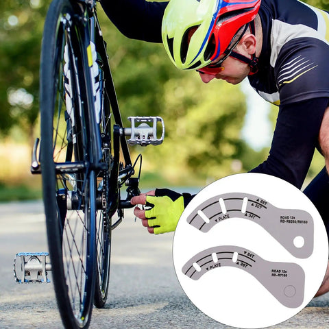 Cyclist using Adjustable Bike Derailleur Gauge For 12 Speed Electronic Drivetrains, featuring lightweight alloy construction.