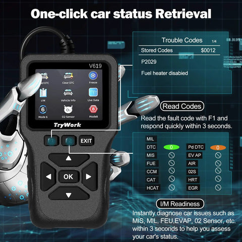 OBD2 Scanner Diagnostic Tool With 35901 DTC Lookup, Check Engine Code Reader displaying code on screen with robotic hand holding it