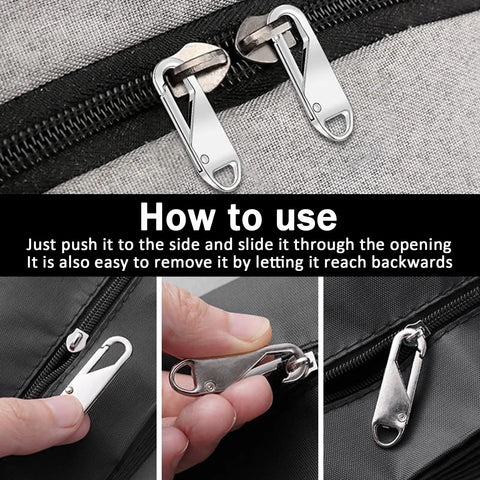 10 Piece Zipper Repair Kit With Durable Pull And Slider Replacement For Luggage And Backpack Easy Install For A Quick DIY Fix Smooth Gliding Zipper Heads For Suitcases White, shown in various installation steps and uses on luggage.