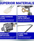 Superior materials for Ultra Durable Washer Lid Switch Replacement showing 3-wire harness, reinforced contact, switch lock, and tubing.