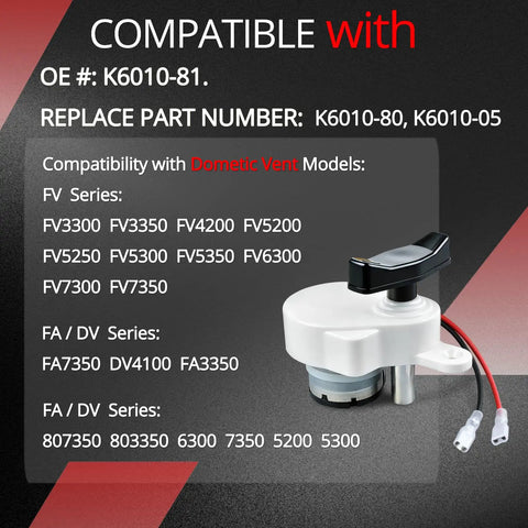 Replacement Silent RV Roof Vent Motor for K6010 Series K6010-81, K6010-80 and K6010-05 with compatibility details and close-up view of motor.