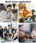Collage showing 4 in 1 Wireless Lavalier Microphone used in teaching, video recording, conference, and interview scenes.